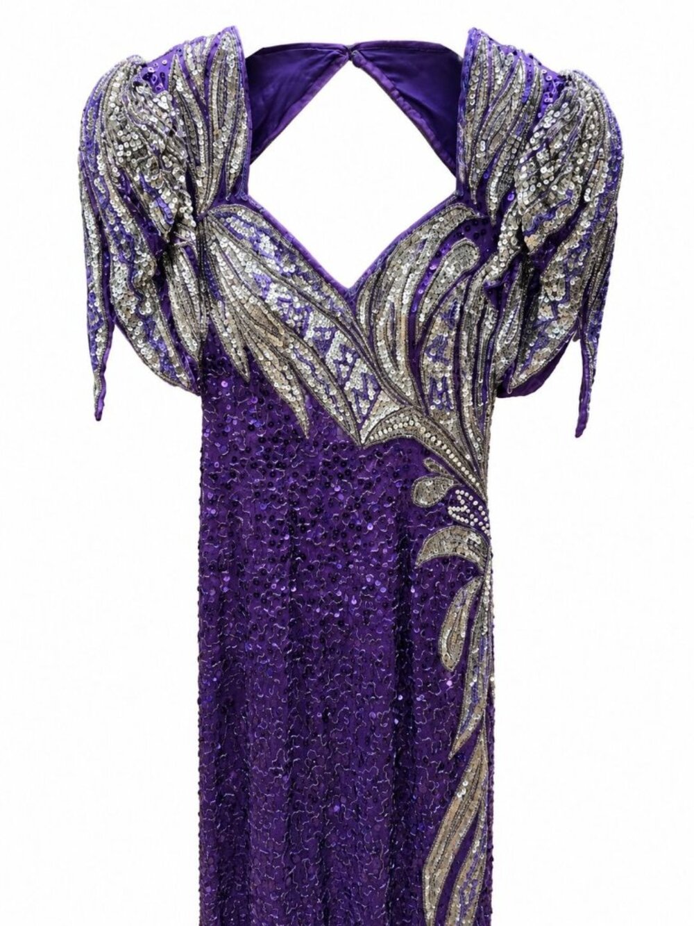 Vintage 90s Y2k Alyce Designs Silk Purple Sequin, Pearl, Bead Evening Dress, 6 - Picture 3 of 10